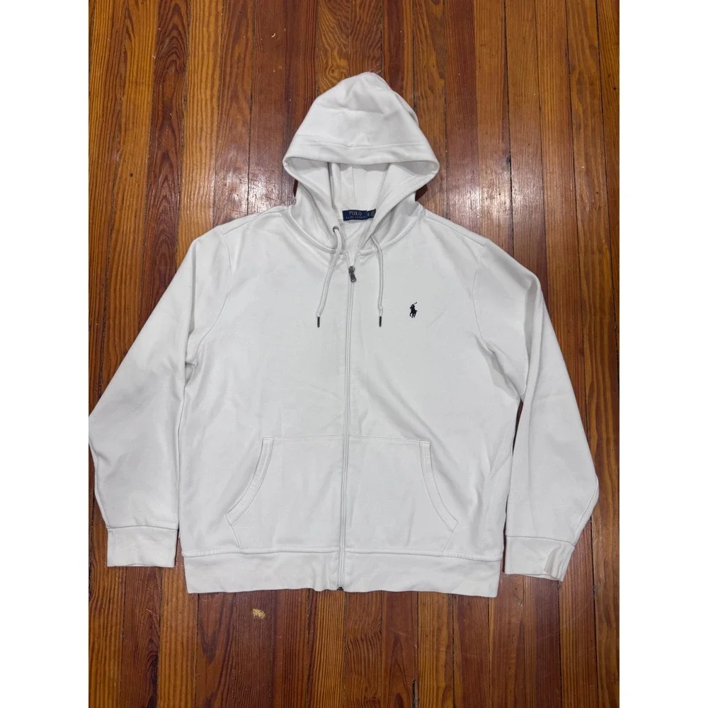 Polo Ralph Lauren Mens White Full Zip Fleece Hoodie XL Navy Pony Logo